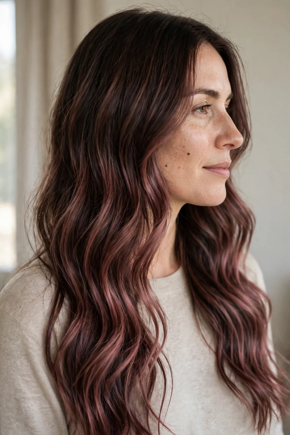 Woman with dark brown wavy hair and rose brown balayage