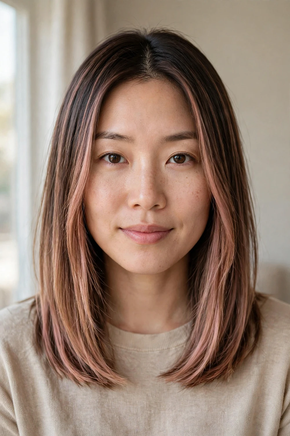 Medium-length straight brunette hair with rose gold balayage highlights
