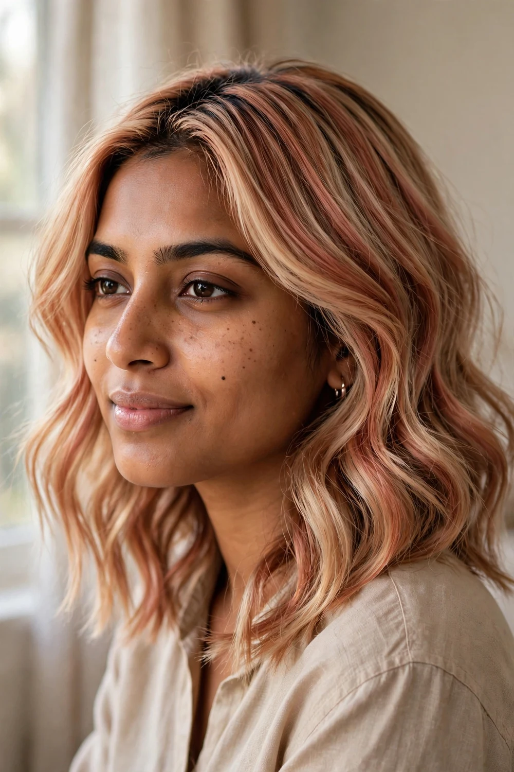Rose gold copper blonde wavy medium-length hair with soft blend