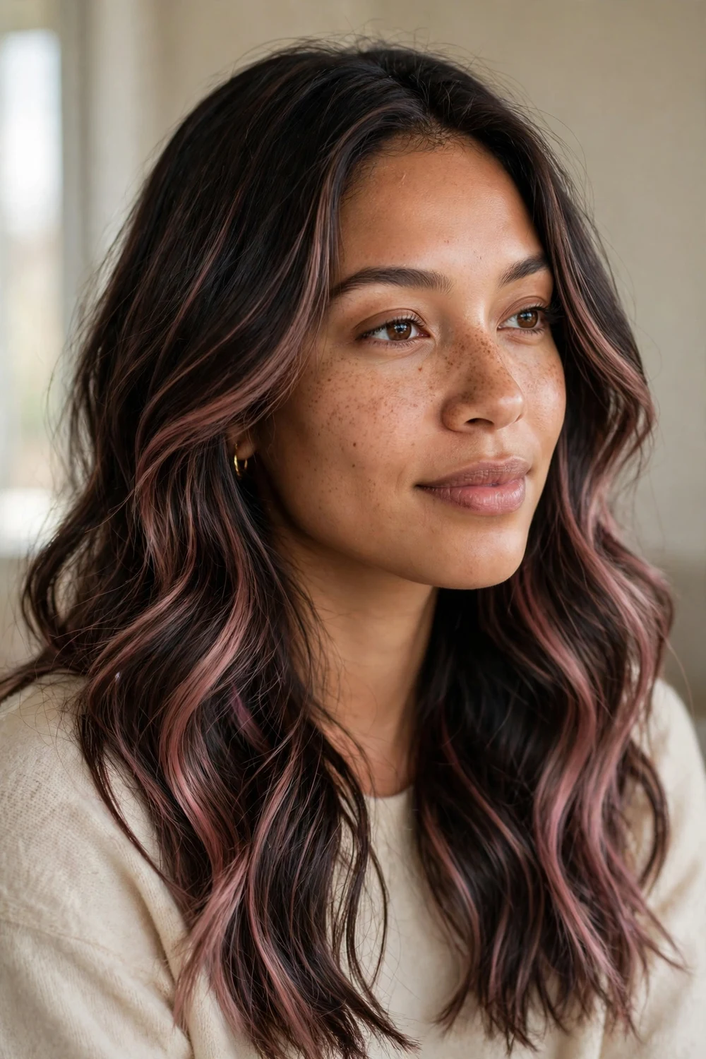 Dark brunette hair with rose-toned balayage in subtle pink hues