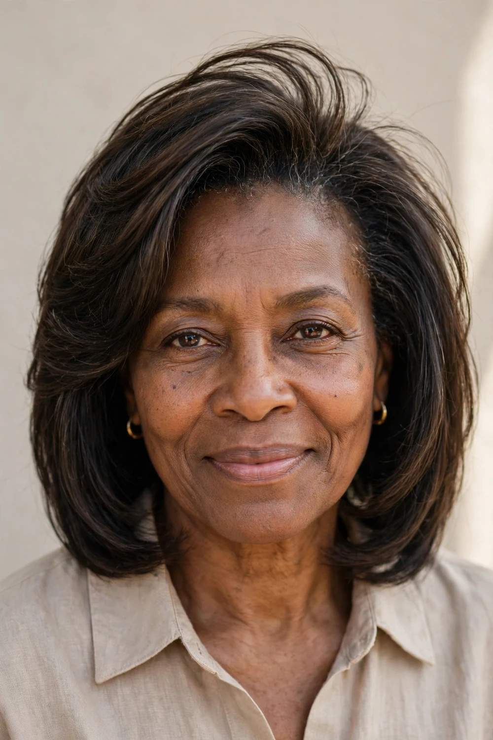 Woman over 50 with a layered blowout haircut styled with a round brush for maximum thin hair volume