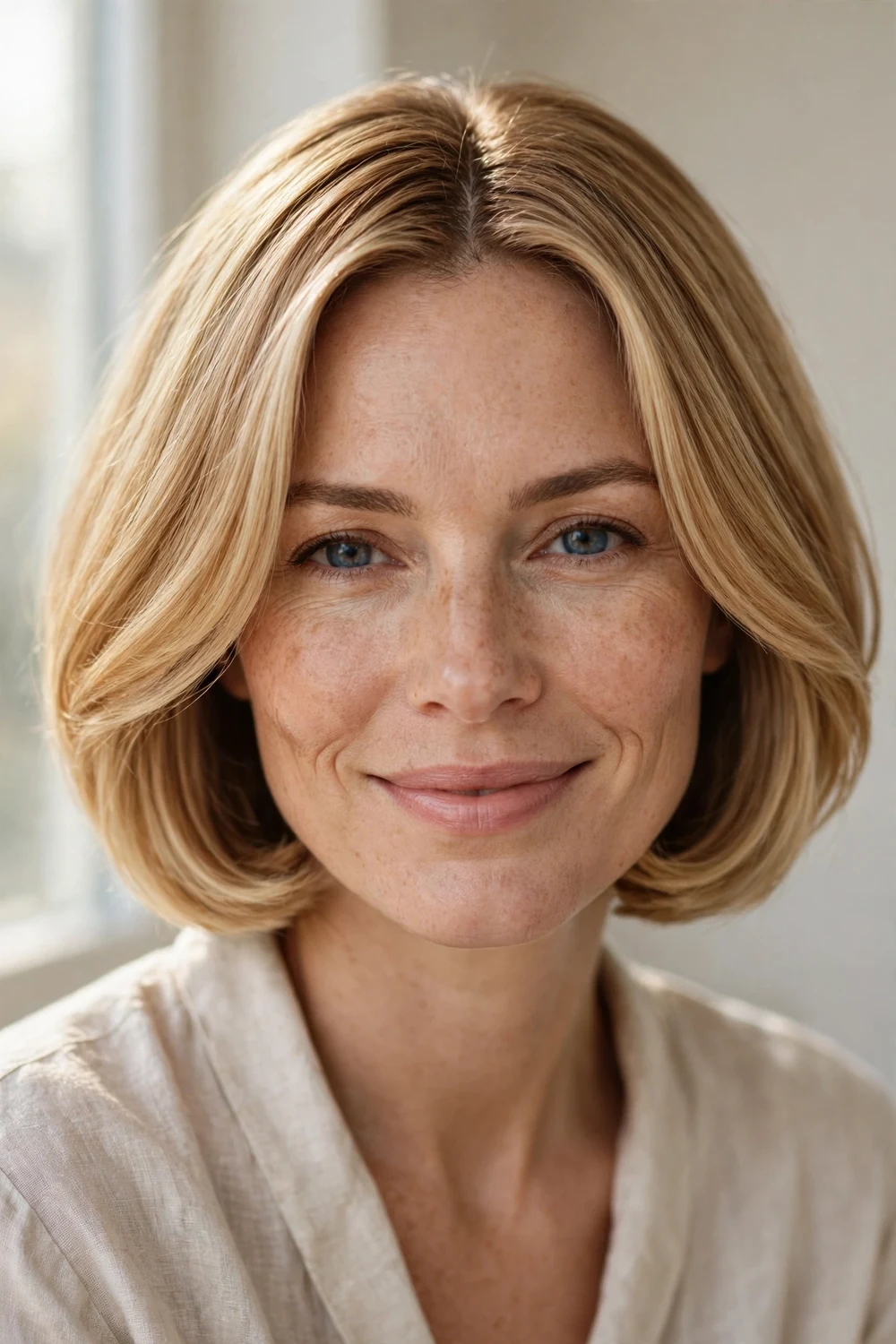 Rounded angled bob with soft curved silhouette and forward angled front