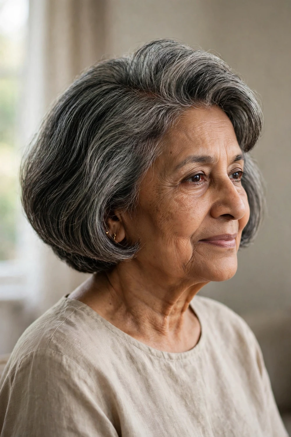 Rounded bob with height at the crown on a woman over 60