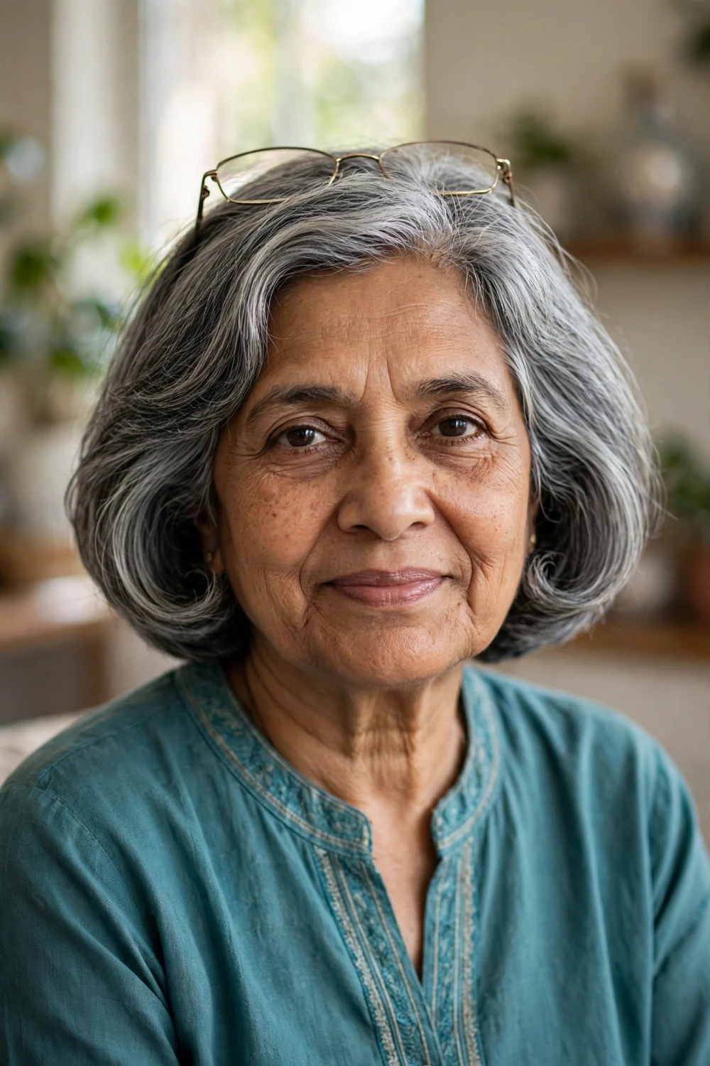 South Asian woman in her late 60s with a rounded bob in salt-and-pepper hair