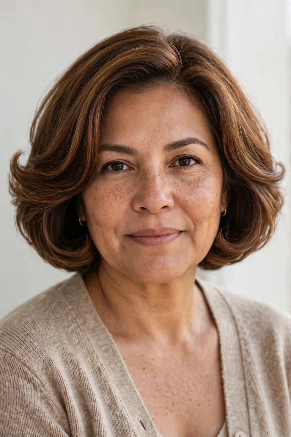 Woman with oblong face wearing a rounded bouncy bob with curved-under ends and side volume