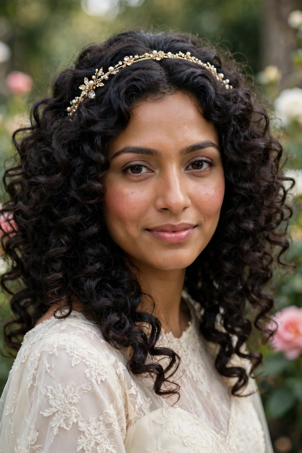 Bride with an oval face wearing rounded bridal curls with a delicate gold headband
