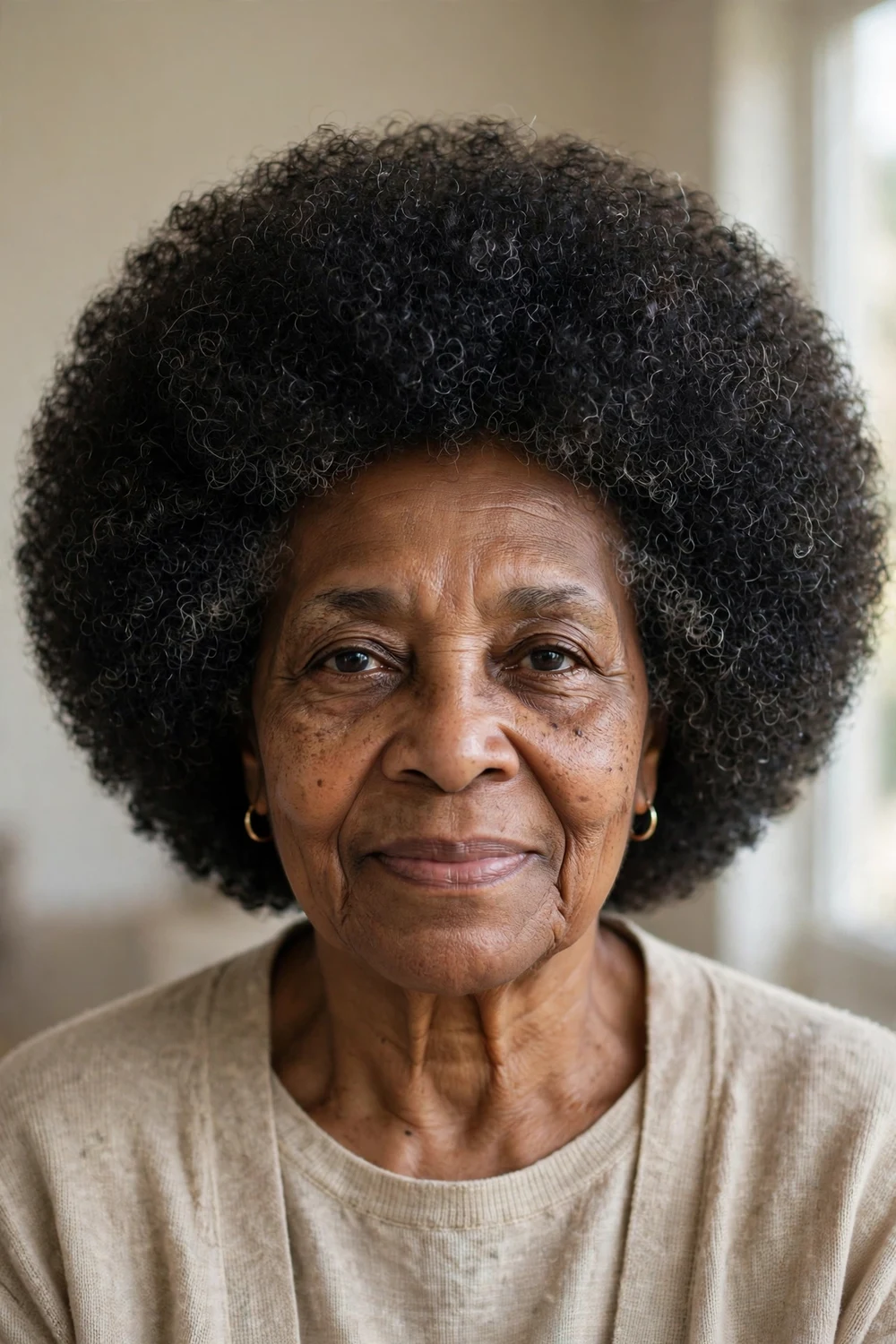 Older Black woman with a full rounded curly afro