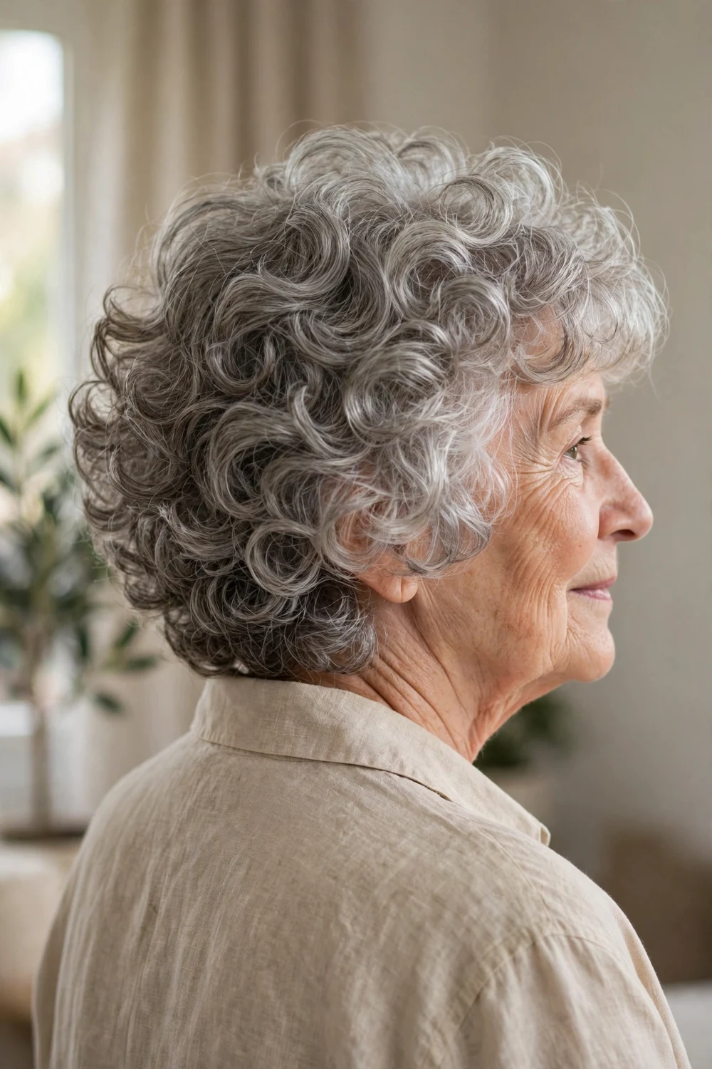 Woman over 60 with a rounded gray curly shag