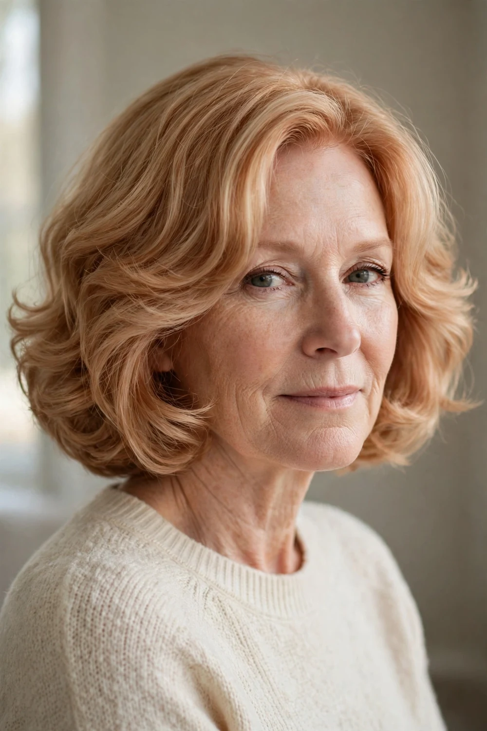 Rounded feathered wavy bob with chunky layers on strawberry blonde hair, front three-quarter view