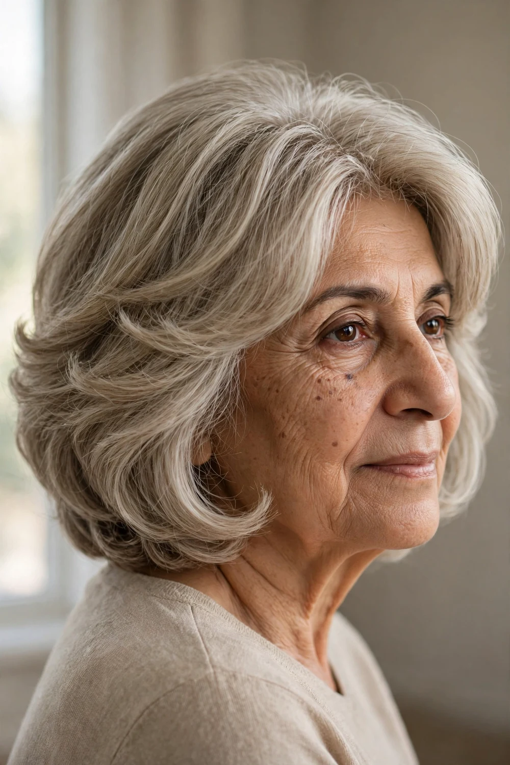 61-year-old Black woman with dark rounded shag haircut with wispy layers