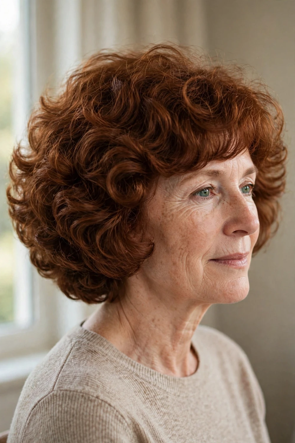 Woman with a rounded shapely curly bob on thick hair