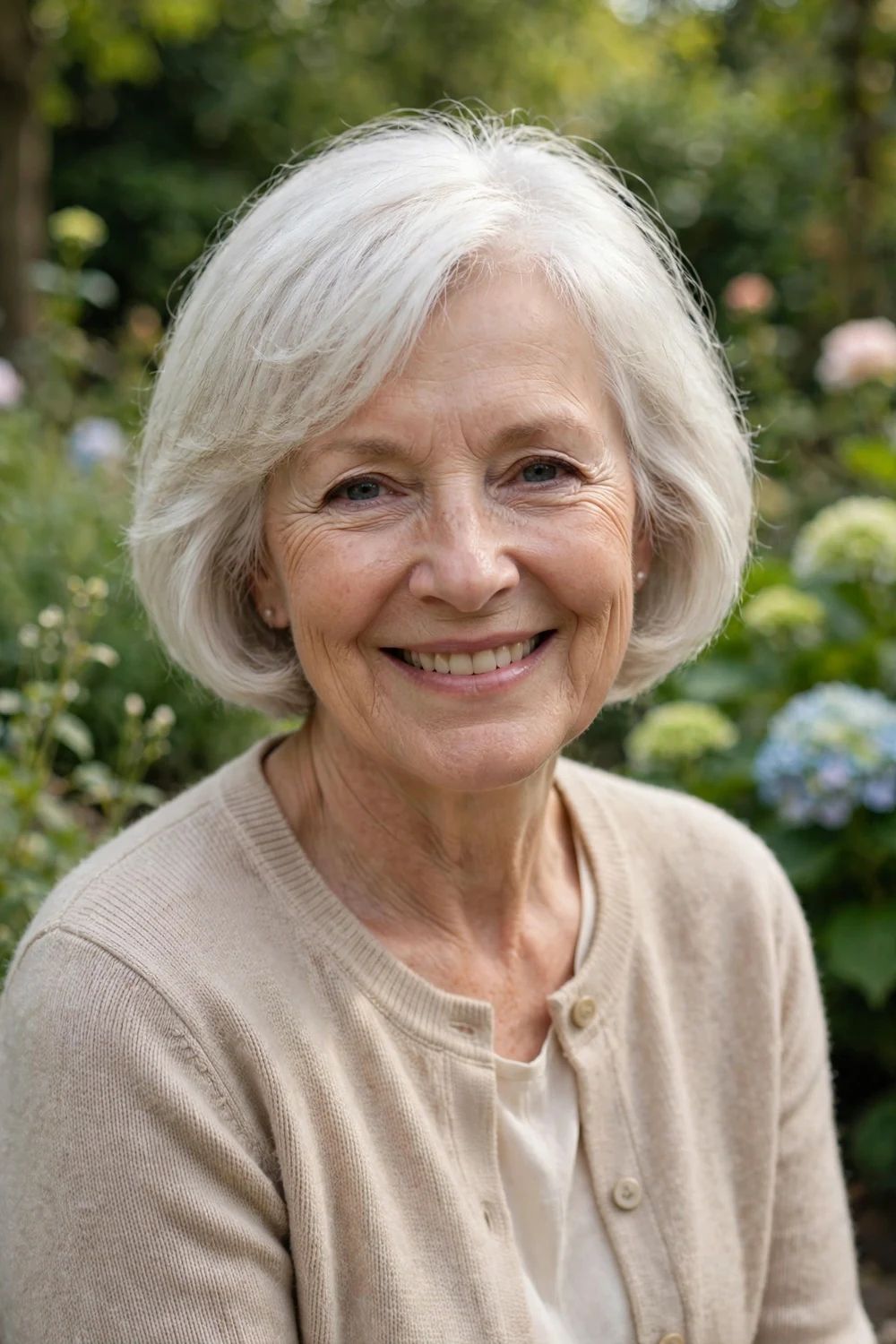 White woman in her mid 60s with a rounded short white bob with light texture in a garden