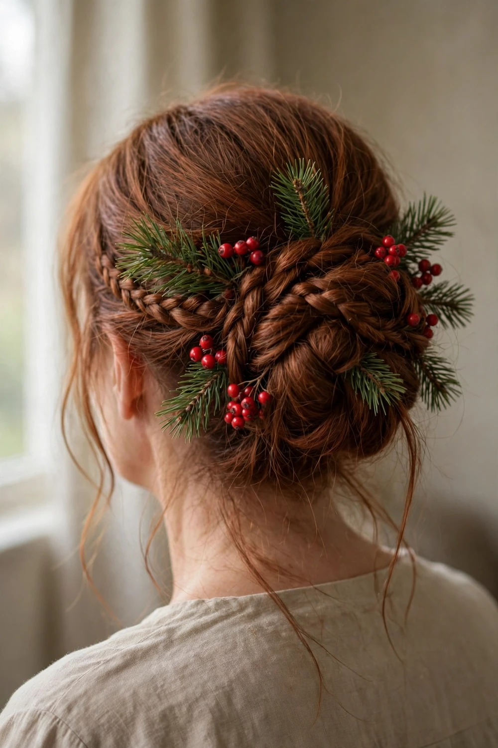 Rustic low bun wrapped with small braids and decorated with pine leaves and red berries