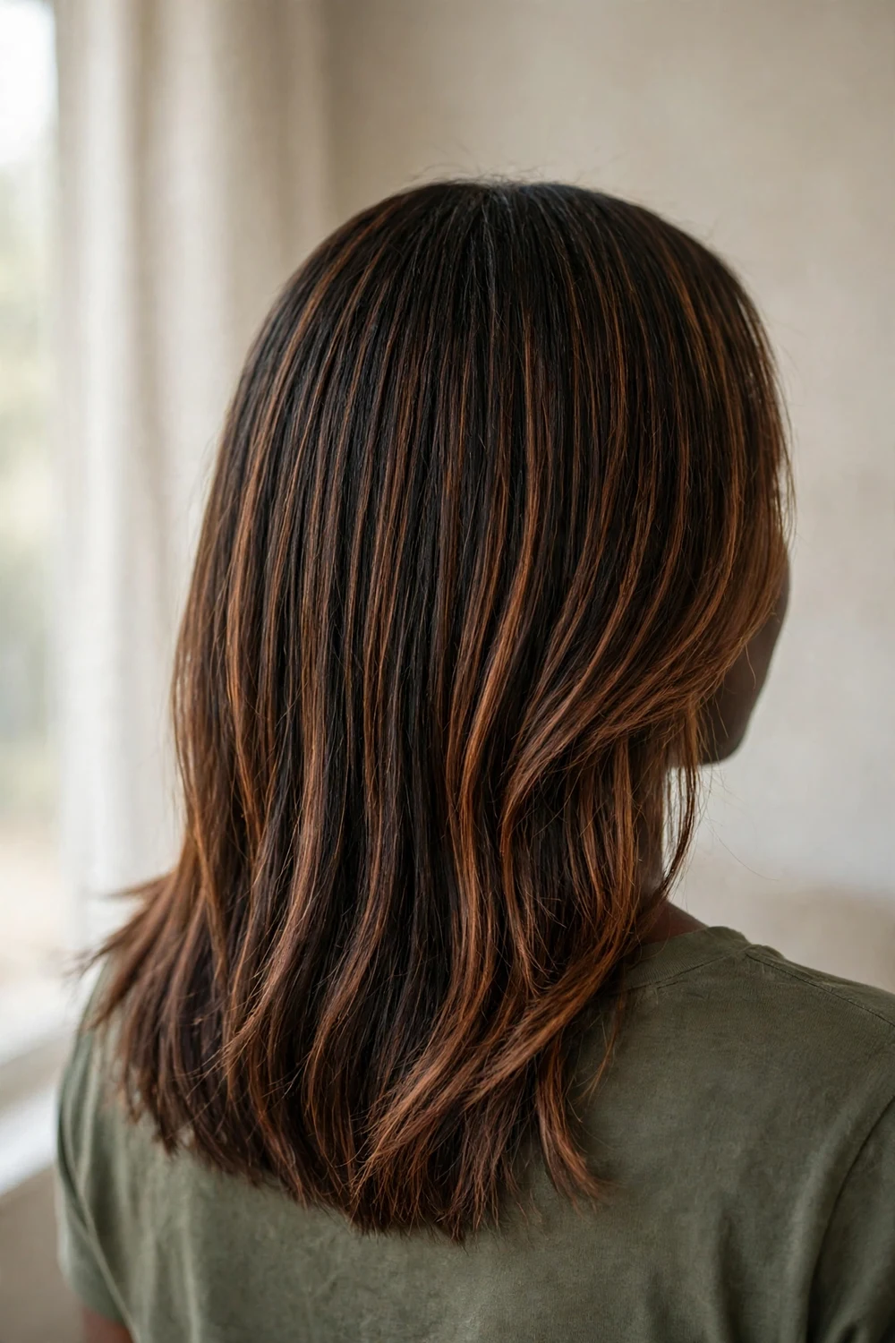 Saddle brown cowboy copper balayage on straight medium hair
