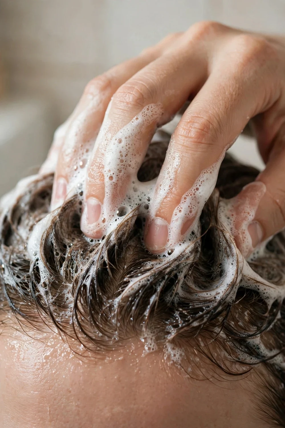 Close-up of shampoo lather with salicylic acid exfoliating an oily scalp