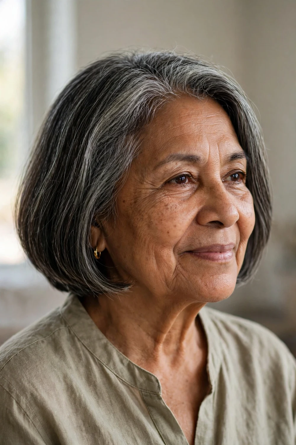 Woman over 60 with natural salt-and-pepper gray bob embracing gray hair