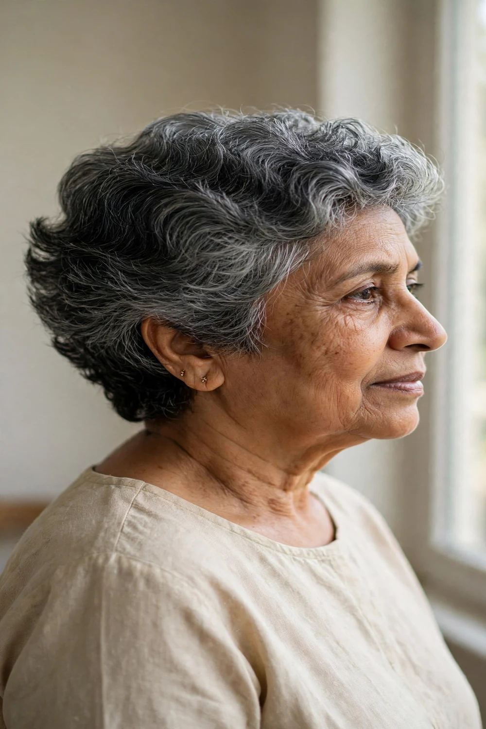 Woman over 60 with a salt-and-pepper curly crop