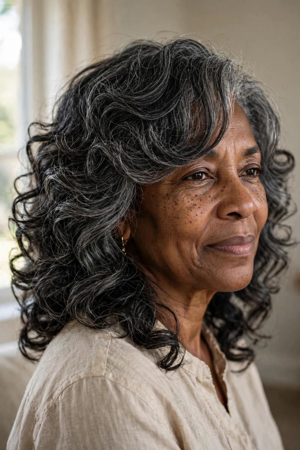 Salt-and-pepper layered curls on a woman over 50
