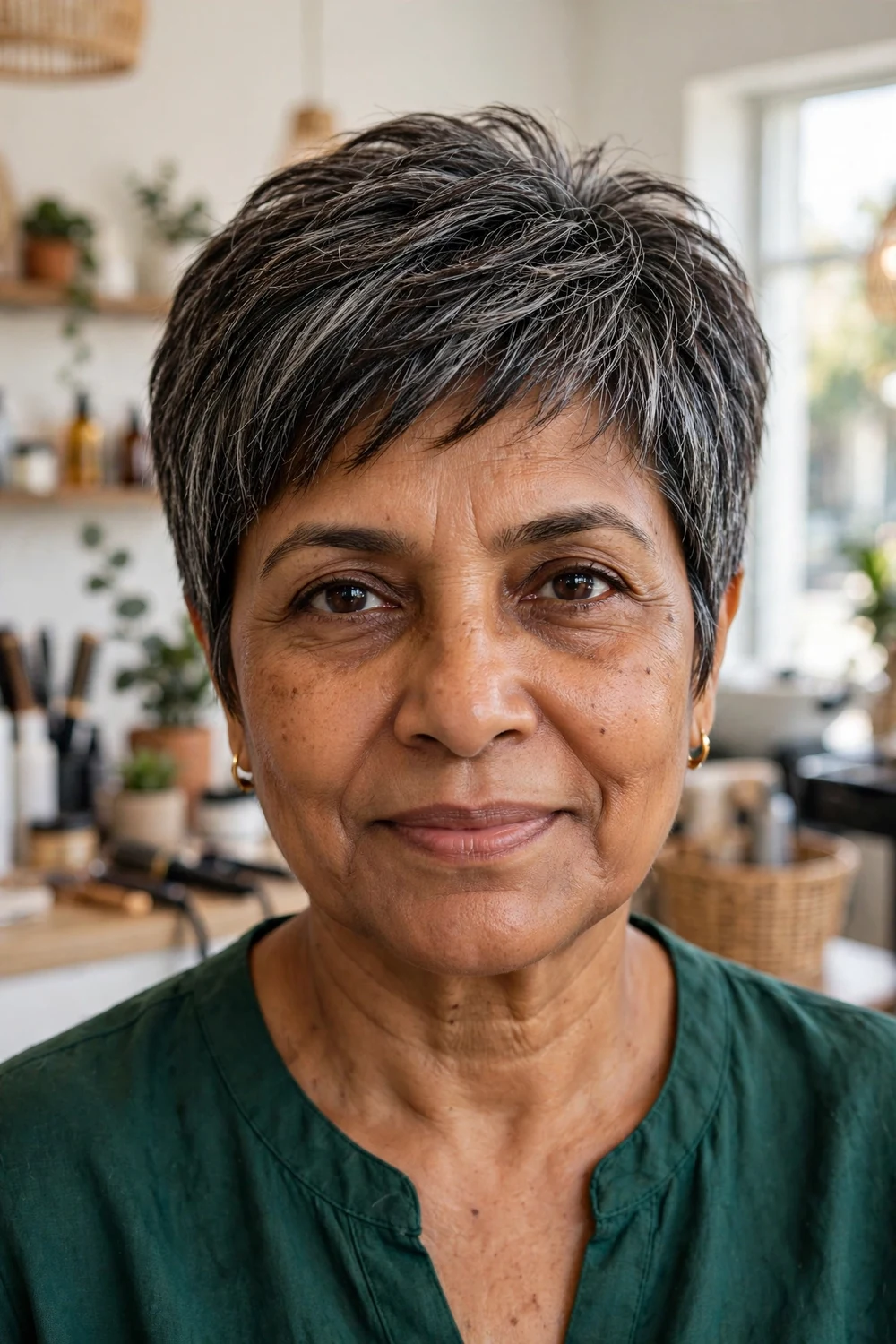 Woman in her early 70s with salt-and-pepper layered pixie, three-quarter view