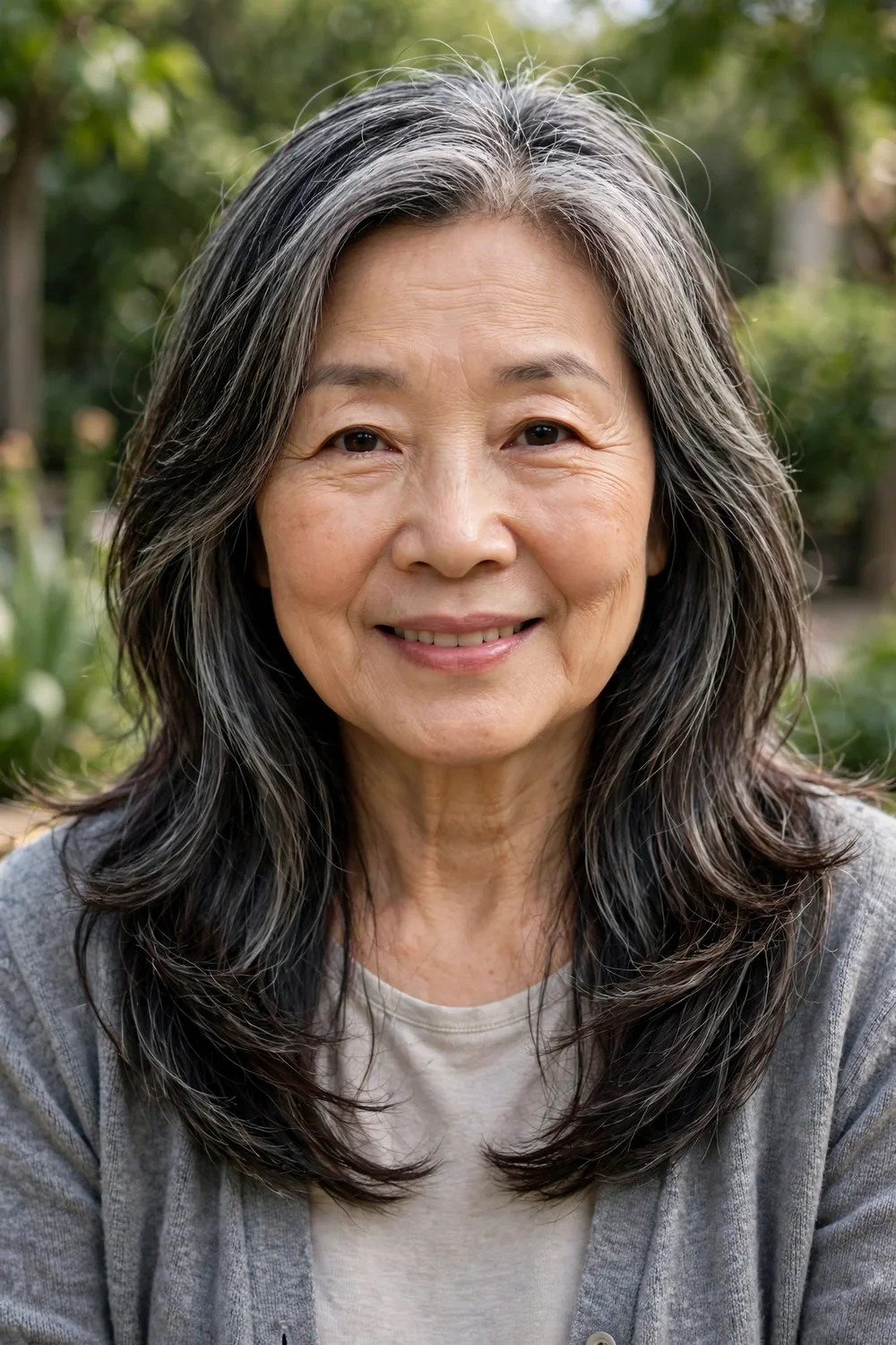 East Asian woman in her early 60s with long salt-and-pepper hair in soft layers