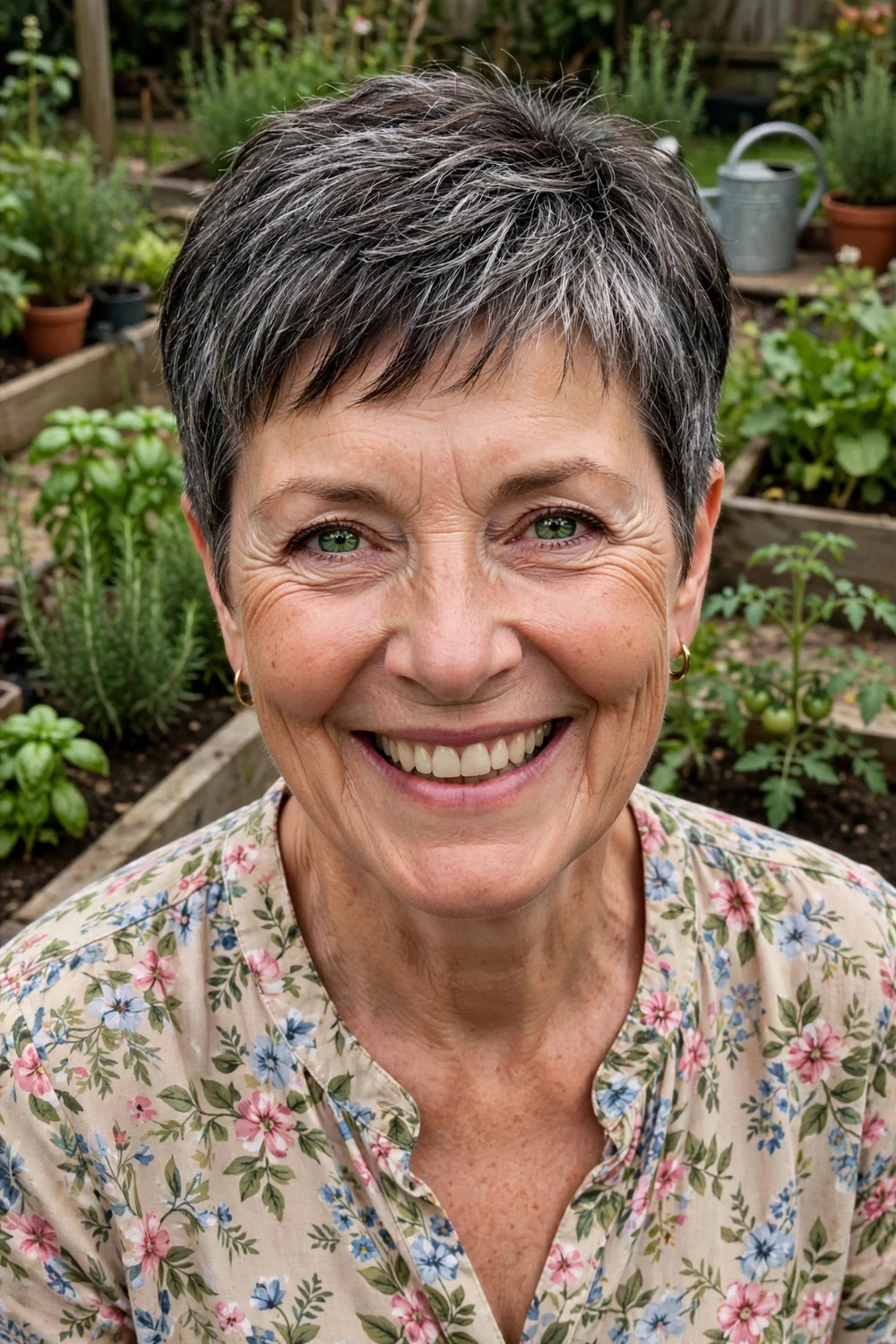 Caucasian woman in her early 60s with a natural salt-and-pepper pixie and tapered undercut sides