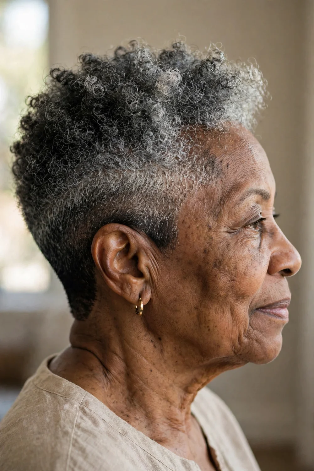 Older Black woman with a salt-and-pepper shadow fade showing silver and black tones