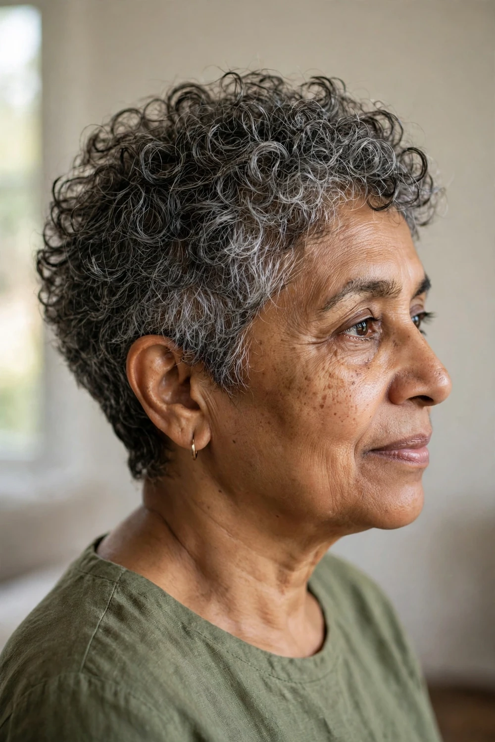 Woman over 50 with a salt-and-pepper chopped curly pixie, natural gray and dark curls