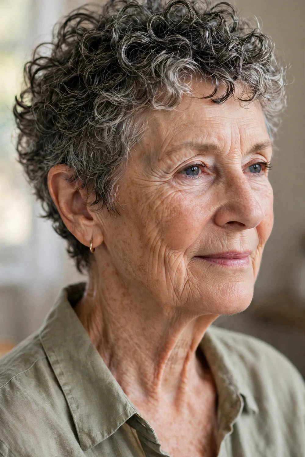 Woman over 60 with a salt-and-pepper chopped curly pixie, natural gray and dark curls