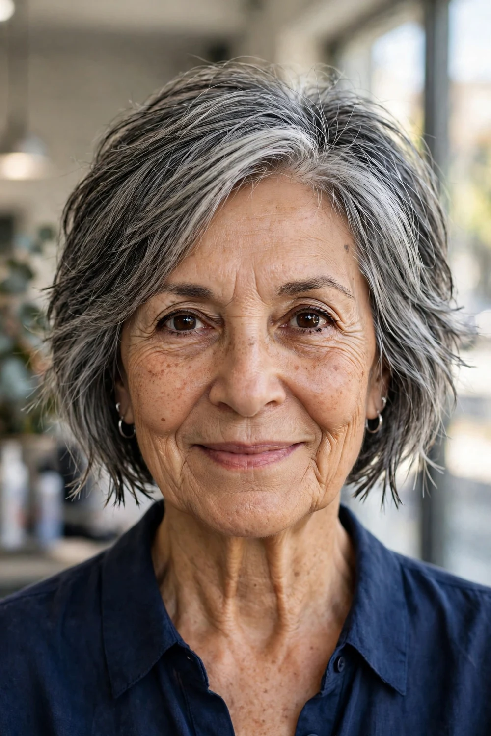 Mature woman with salt-and-pepper razored bob