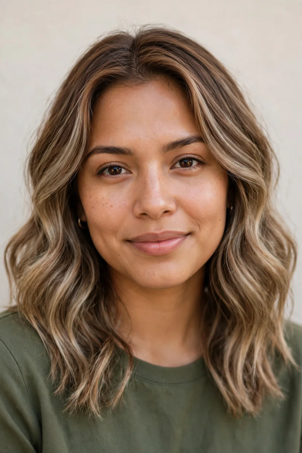 Woman with sandy blonde balayage on brown hair, muted neutral blonde tones