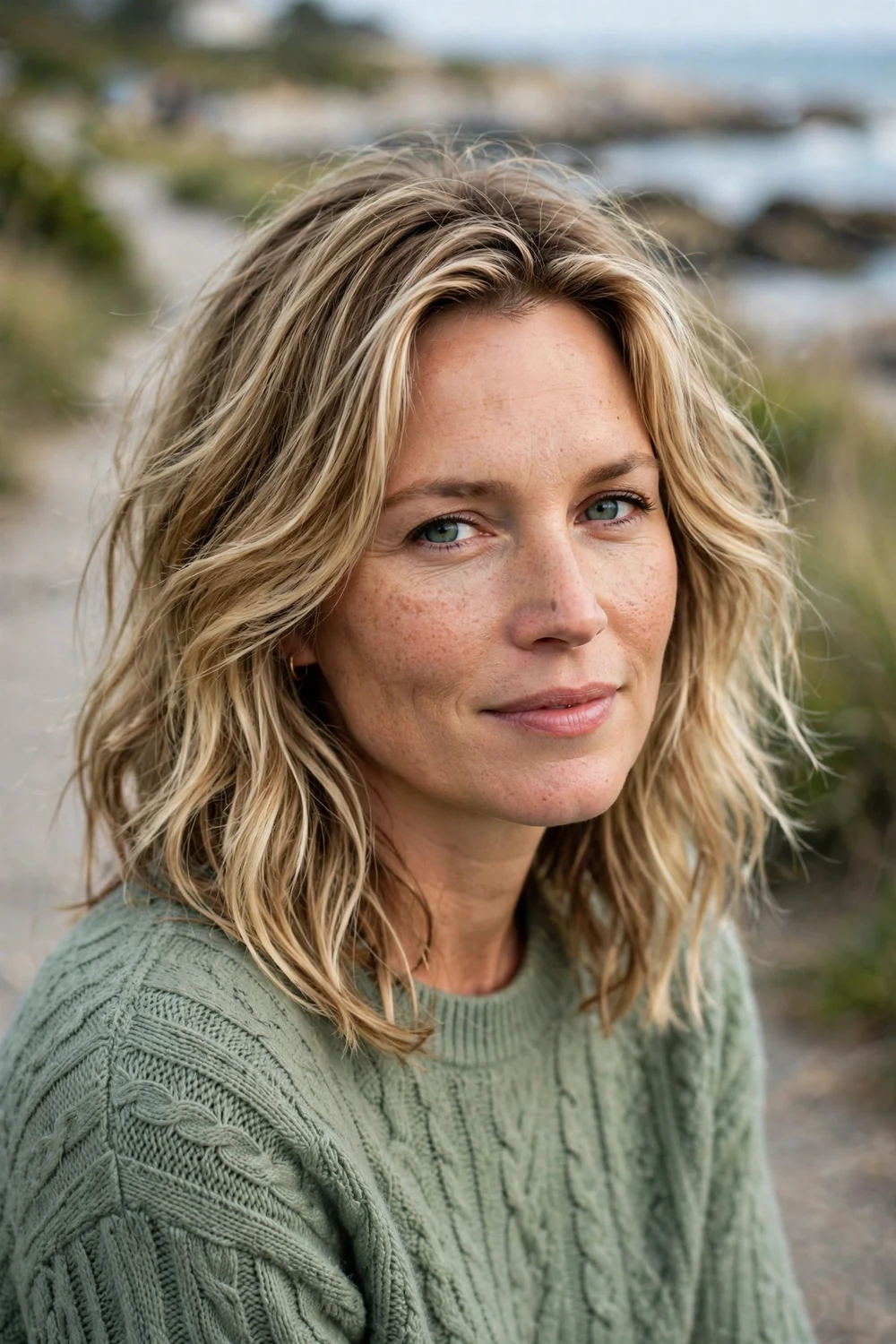 Scandinavian woman in her mid 30s with layered medium-length dirty blonde hair and balanced sandy blonde highlights