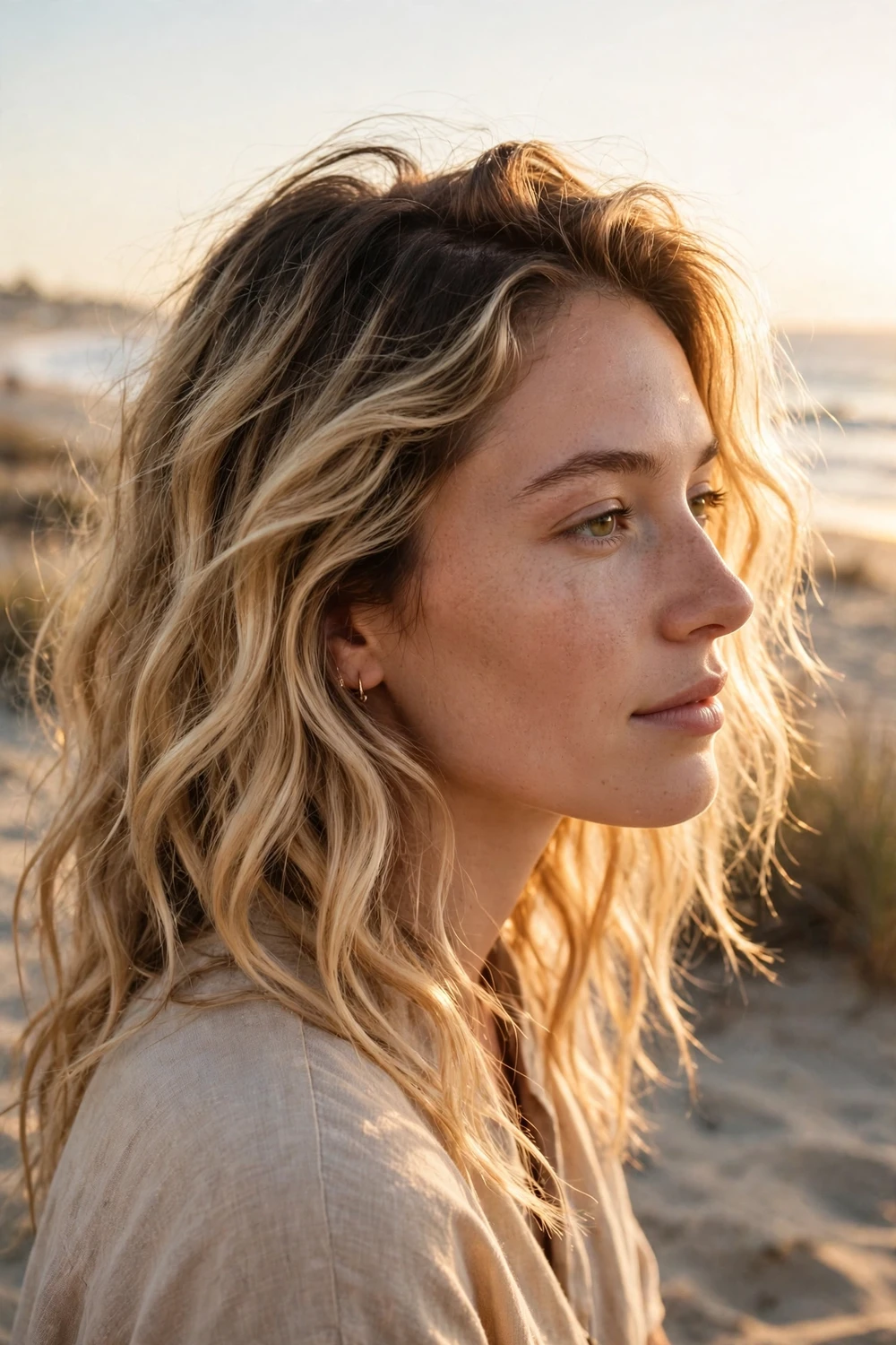 Soft sandy blonde waves with darker natural roots