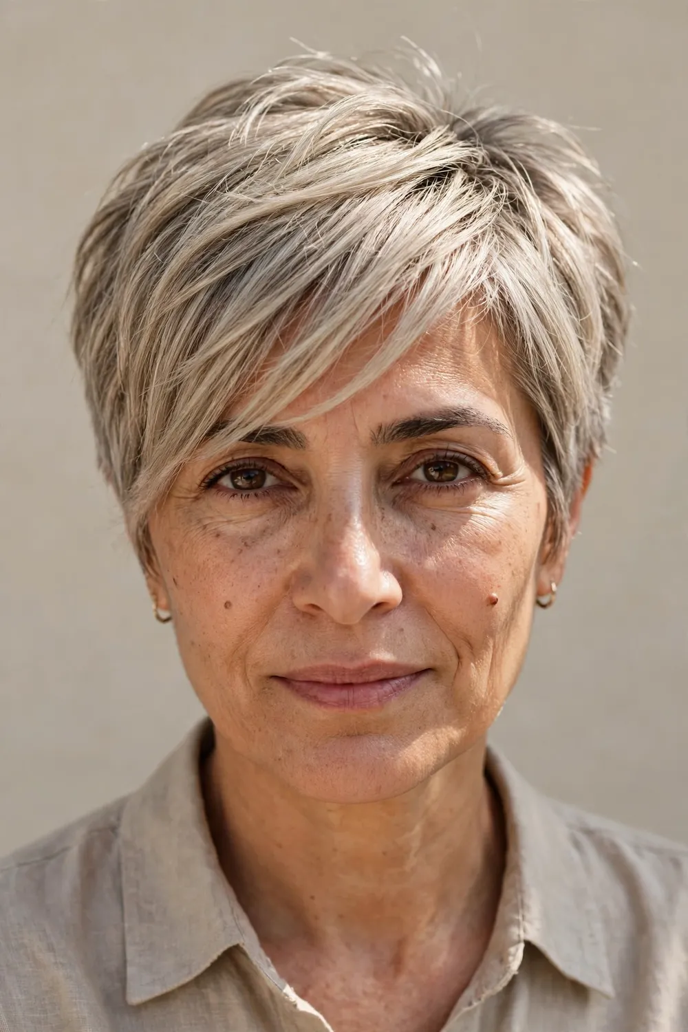 Middle Eastern woman in her late 40s with an ash-blonde textured crop and long fringe