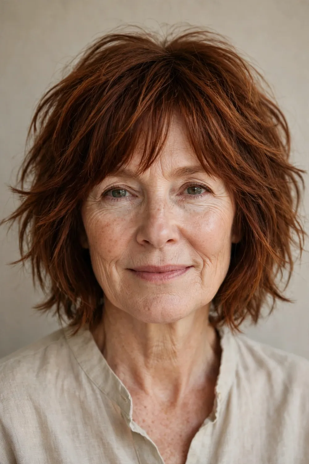 White woman in her early 50s with an auburn shaggy bob with choppy layers