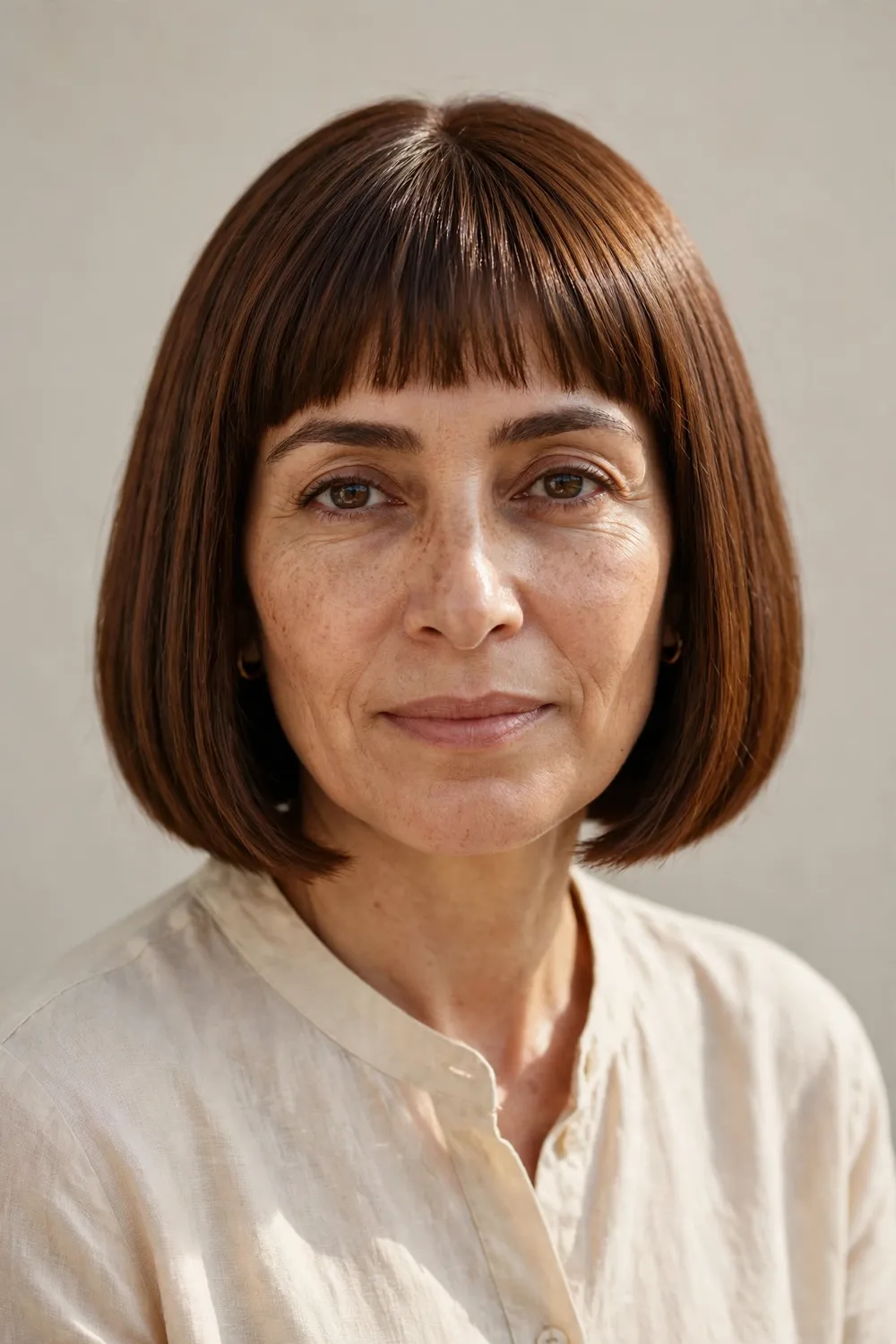 Middle Eastern woman in her mid 40s with a chestnut blunt bob and short micro bangs