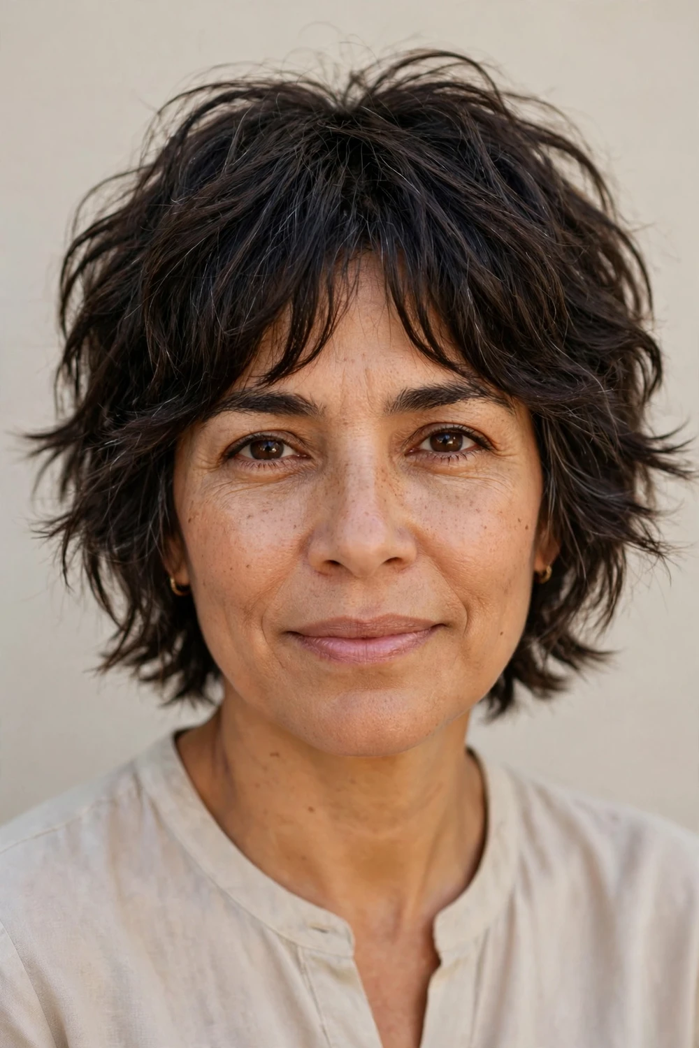 Latina woman in her late 40s with a choppy bixie and curtain bangs parted in the center