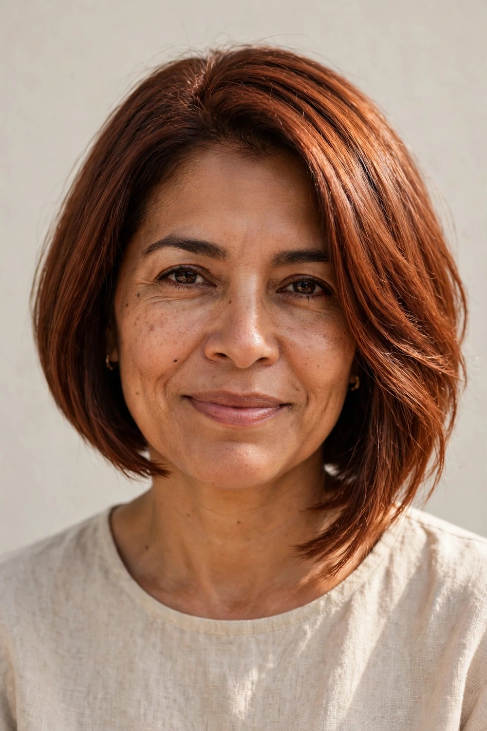 Latina woman in her mid 40s with a rich copper asymmetrical bob, one side longer than the other