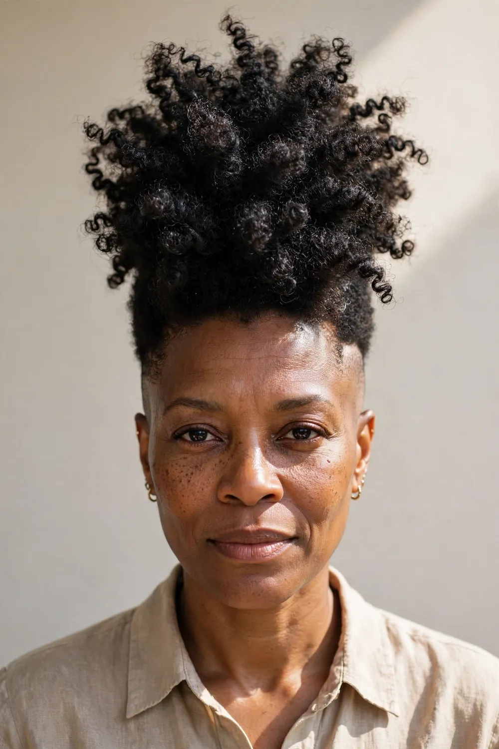 Black woman in her mid 40s with natural curls styled into a faux hawk with faded sides