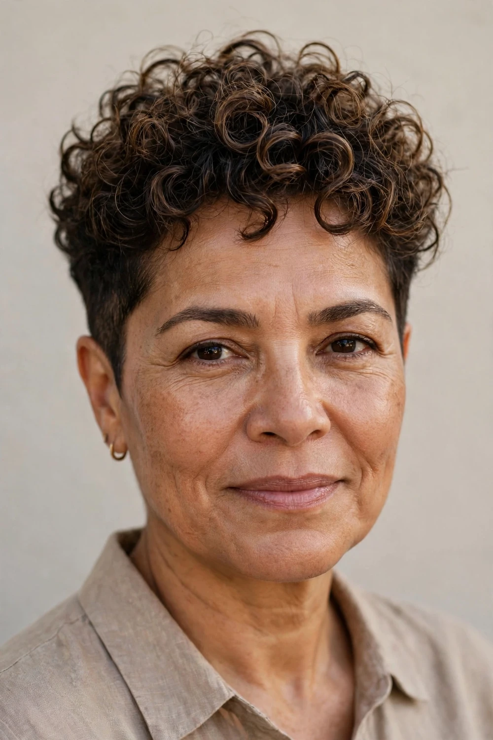Latina woman in her early 50s with a curly tapered pixie, full curls on top and close sides