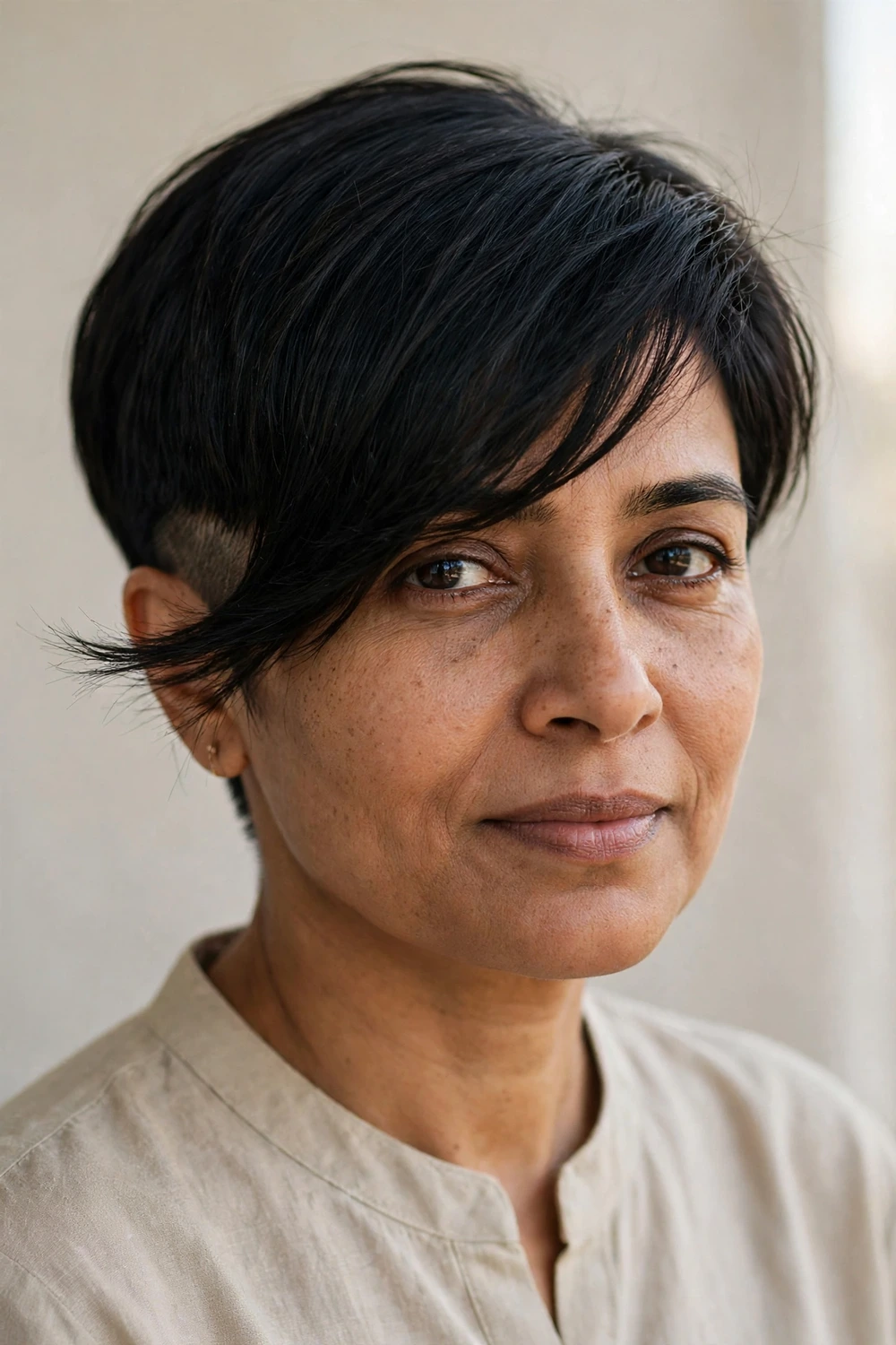 South Asian woman in her early 40s with a jet-black undercut pixie and long side-swept fringe