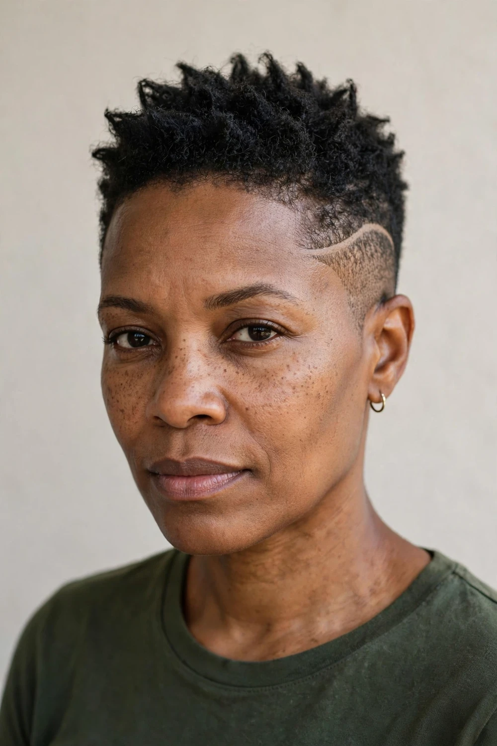 Black woman in her early 40s with a textured crop and a shaved curved line design on one side