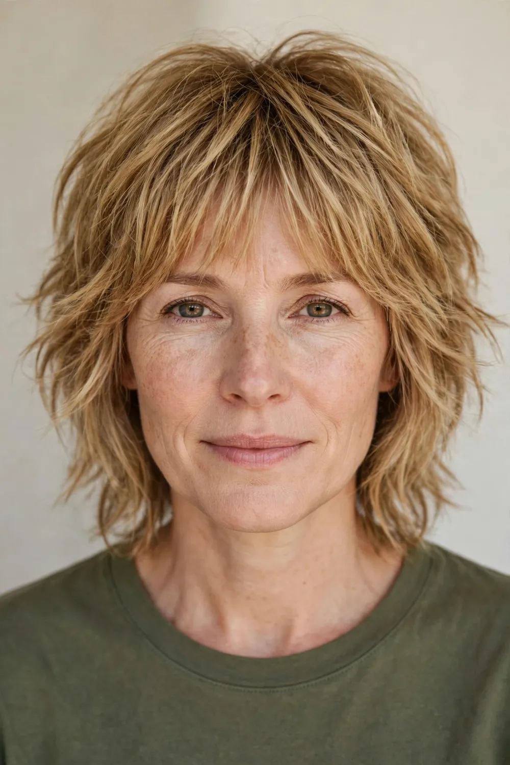 White woman in her early 40s with a honey-blonde shag and wispy bangs