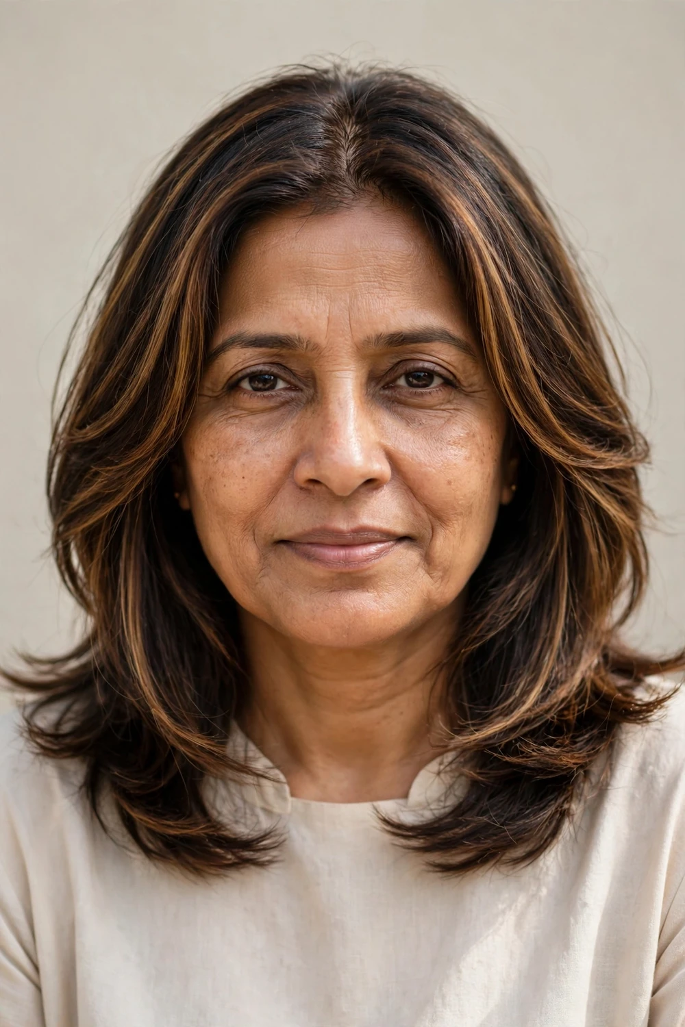 South Asian woman in her late 40s with a layered lob and caramel face-framing highlights