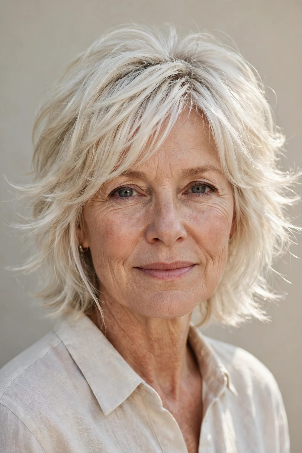 White woman in her mid 50s with a platinum feathered shag with soft wispy layers