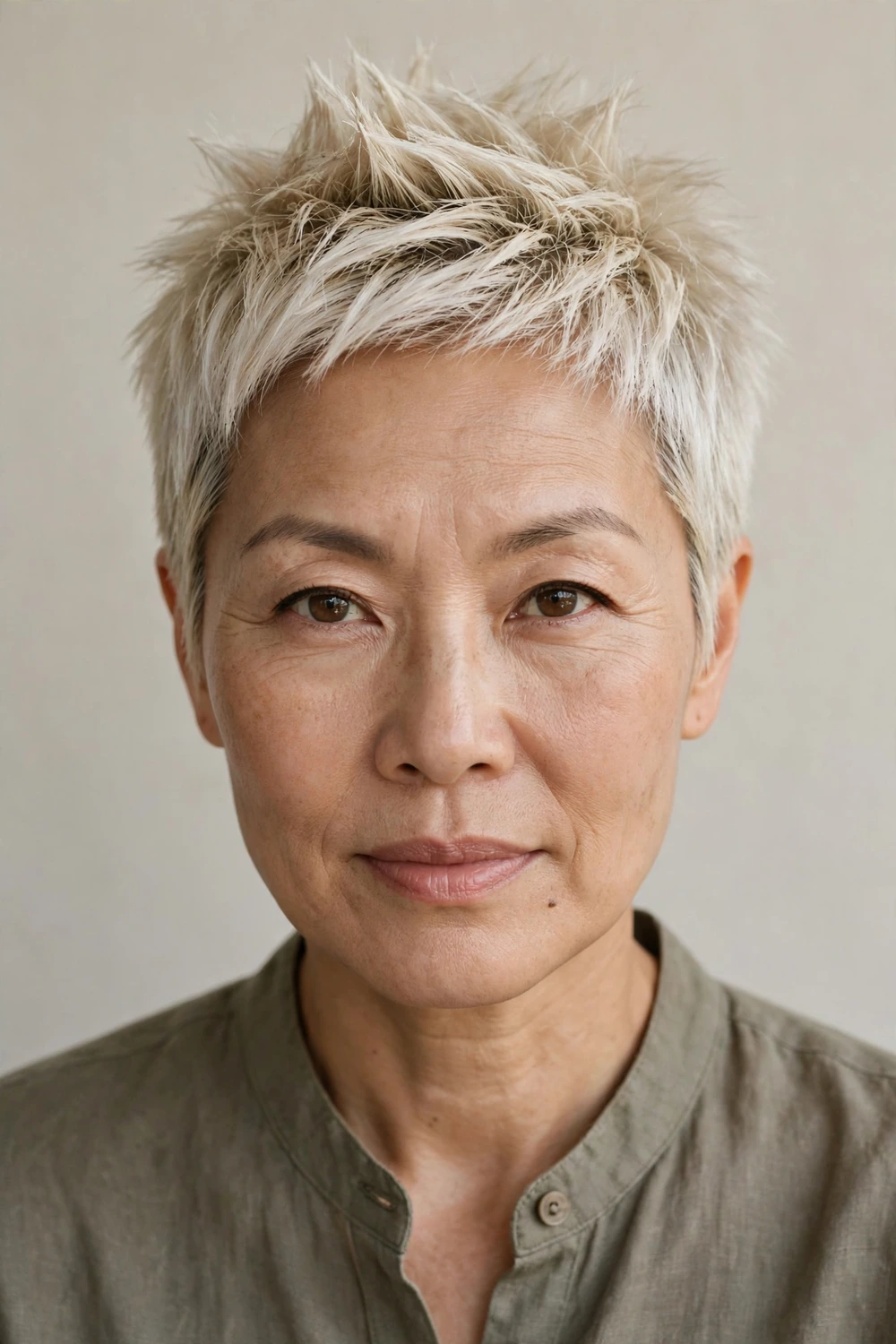 East Asian woman in her late 40s with a platinum blonde spiky pixie with defined spikes