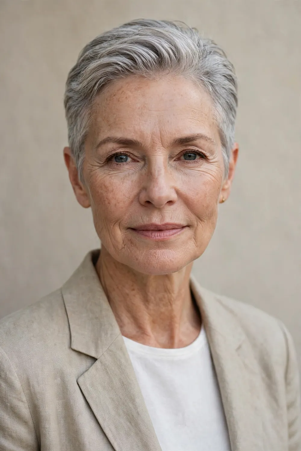 White woman in her late 50s with silver hair swept straight back in a short crop