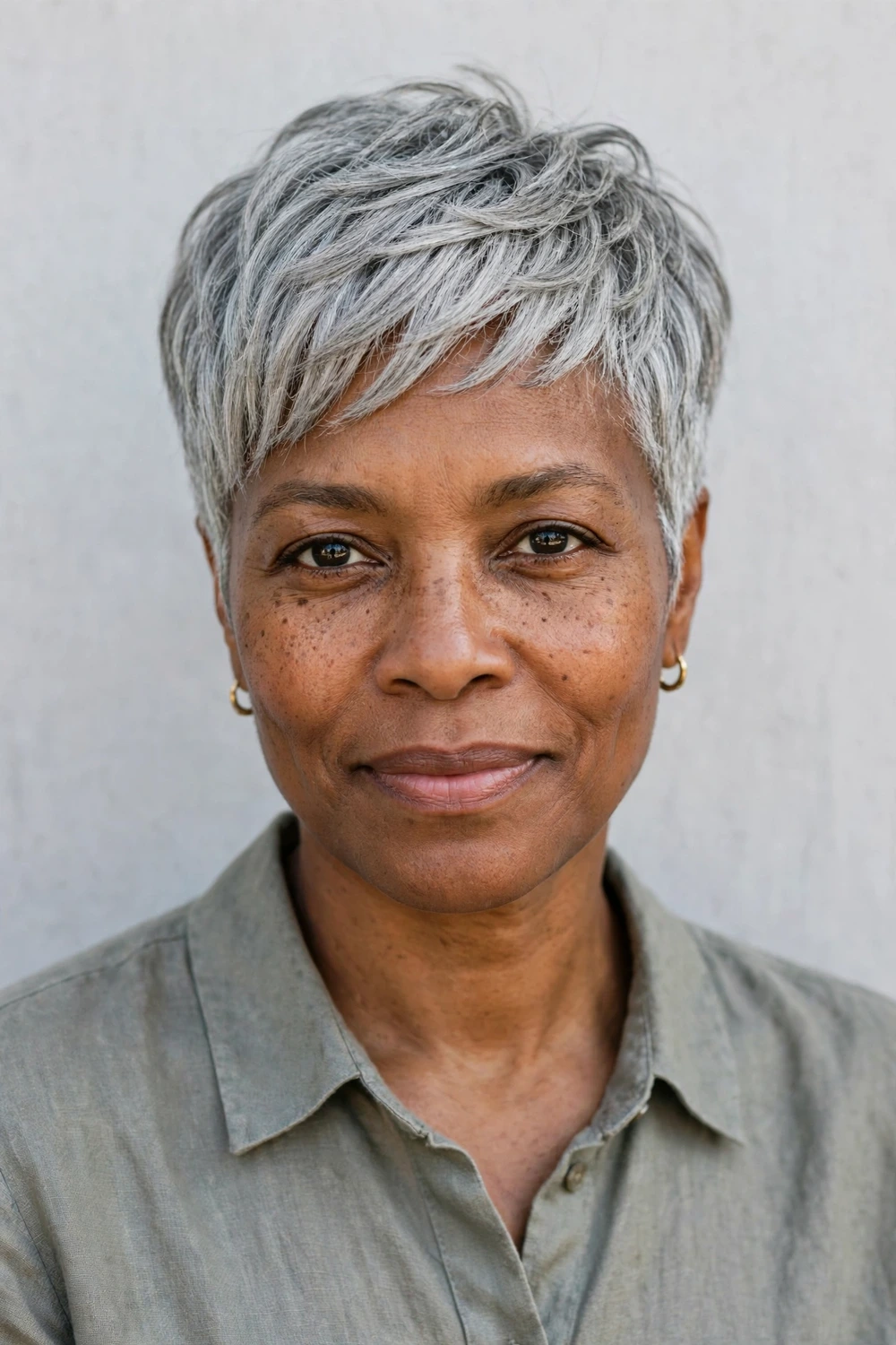 Black woman in her early 50s with a silver-gray textured pixie, long choppy top and tapered sides