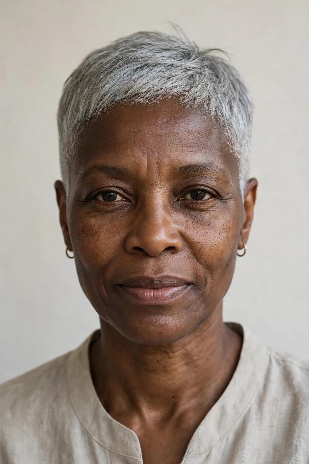 Black woman in her late 50s with a very short soft silver pixie