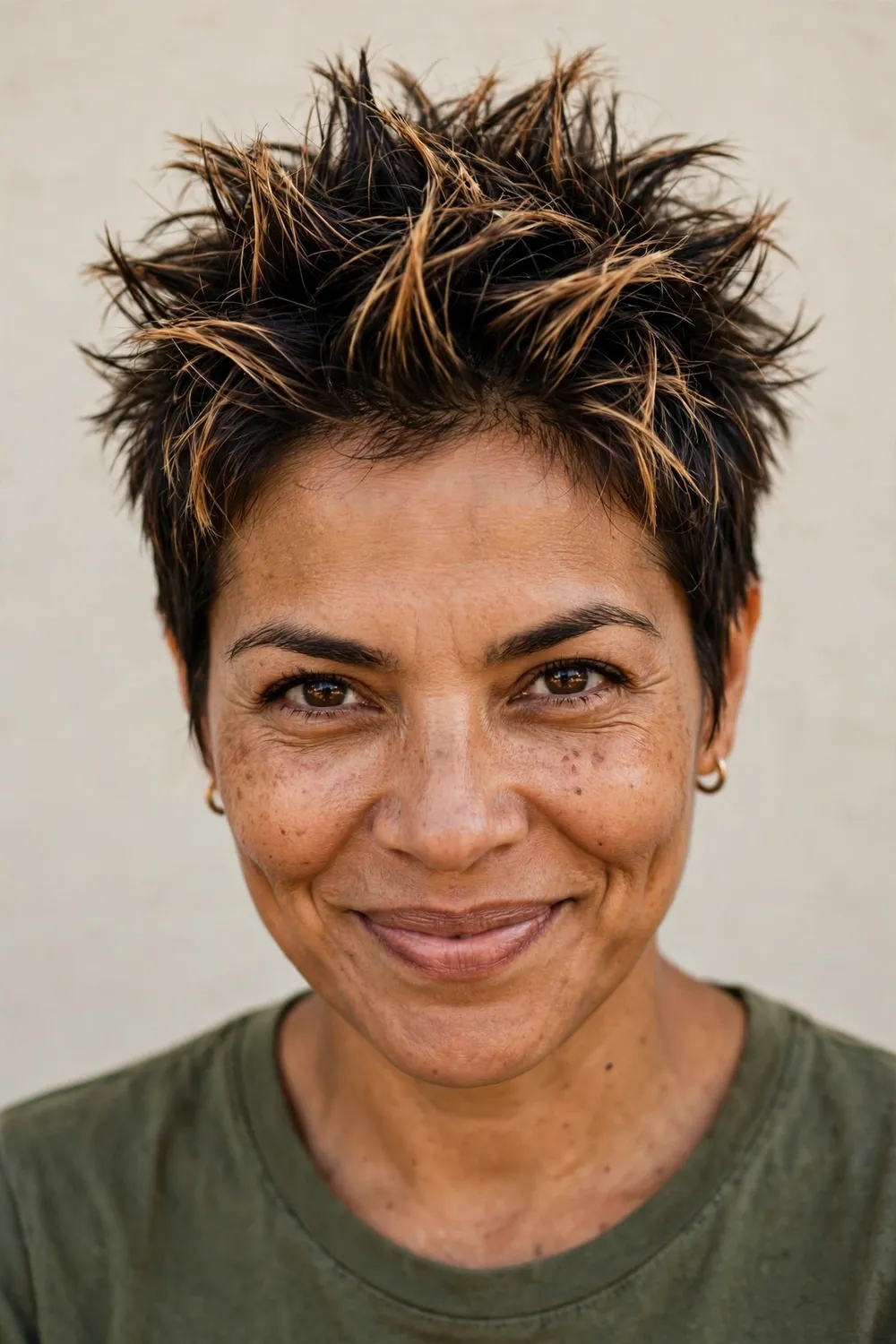 Latina woman in her mid 40s with a short spiky crop with caramel highlights