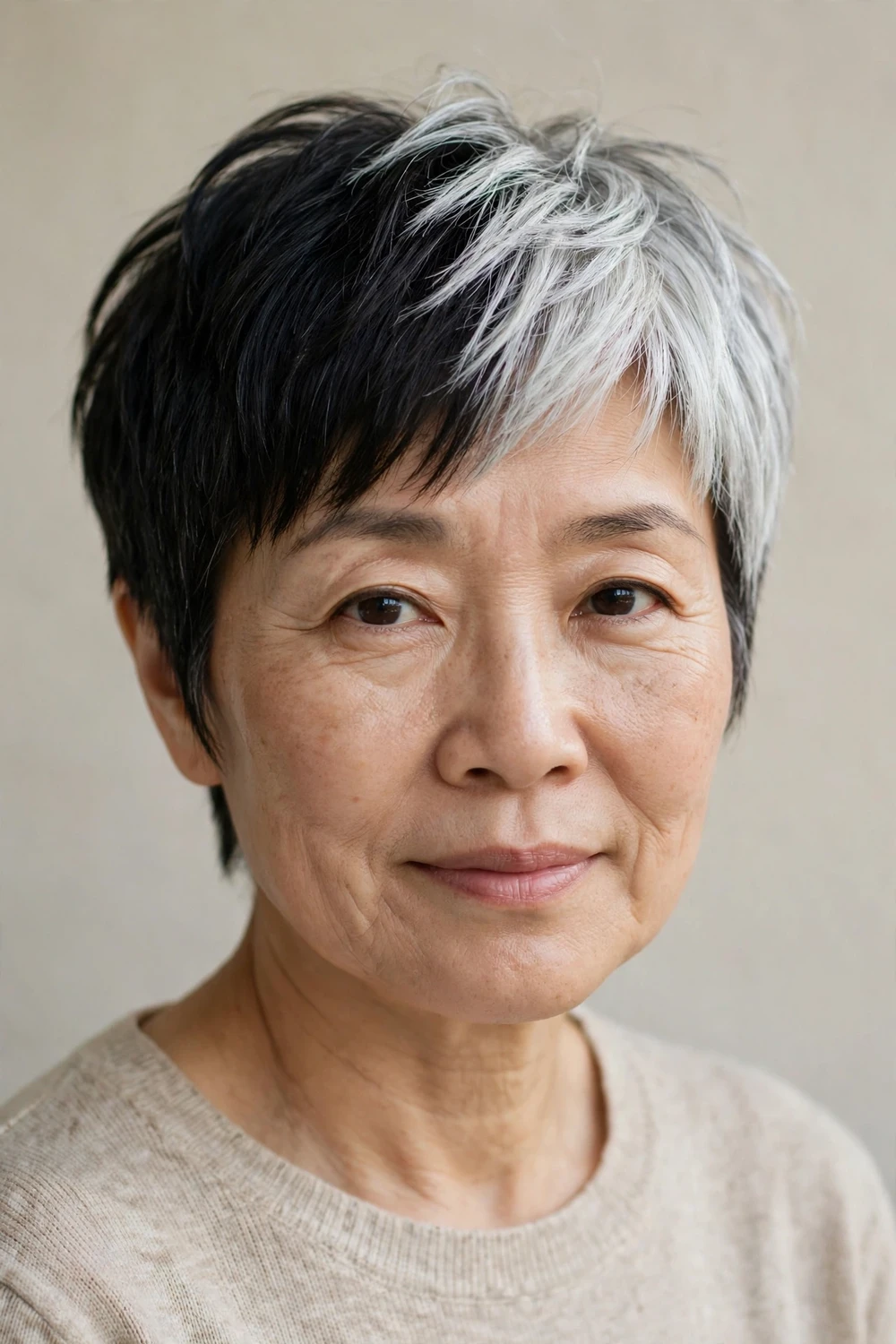 East Asian woman in her early 50s with a two-tone pixie, black on one side and silver on the other